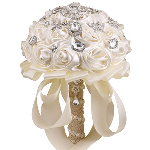 Handmade Brooch Wedding Flowers Bridal Bouquets Crystal Bride Holding Bouquet White Ivory Satin Roses with Diamond Pearl Ribbon (Luxury-White) - color: White
