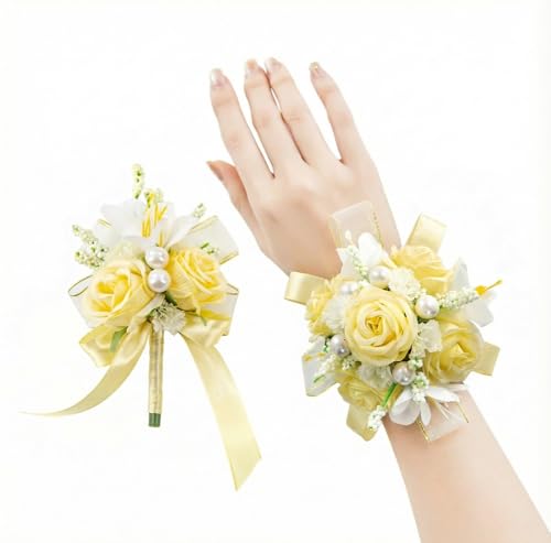 Yellow Rose Corsage and Boutonniere Set, Prom Flower Wrist Corsage Wristlet Band Bracelet, Boutonniere for Men White Wedding Flowers Accessories Prom Suit Decorations - color: Yellow