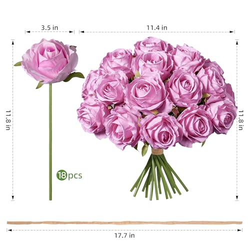 Ivydale 18pcs Pink Roses Artificial Flowers, Fake Roses Silk Flowers with Stems Realistic Bouquet for Mother's Day Wedding Party Home Decoration DIY Centerpiece Floral Romantic Gifts - color: Rose-pink