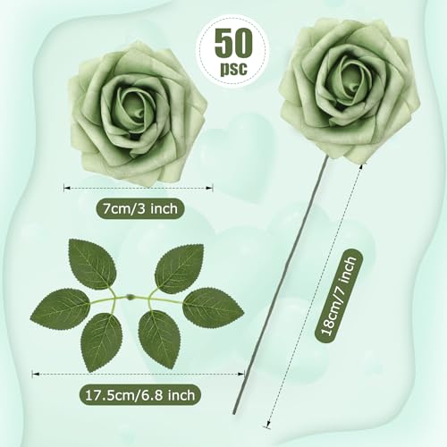 50 Pcs Artificial Foam Rose Flower Faux Bouquet Wedding Fake Rose Gift for Mother's Day Women DIY Bridal Shower Party Table Birthday Home Spring Decor (Gradient Green) - color: Gradient Green