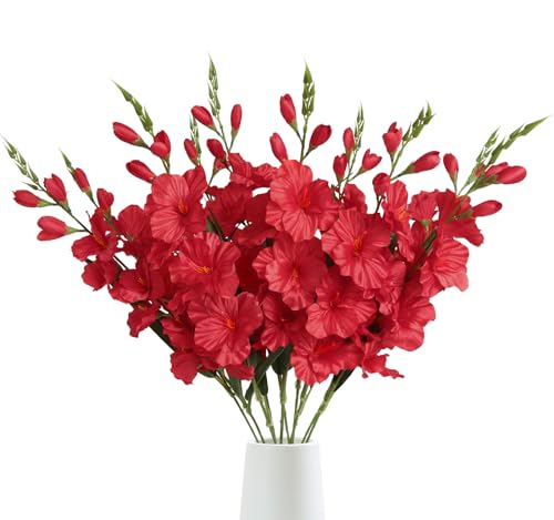 IPOPU Red Gladiolus Artificial Flowers 30.3 in Long Stem Flowers 10 PCS Gladiolus Flowers Silk Artificial Flowers for Home Wedding Office Decoration(Red) - color: Red