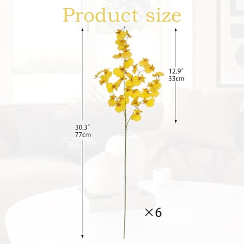 Villa Como Orchids Artificial Flowers, 6 Bunches Fake Silk Flowers for Decoration, Long Stem Real Touch Artificial Flowers for Vase Table Home Decor Indoor Bouquet Filler - Yellow - color: # Yellow