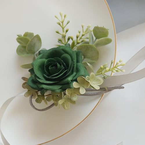 Alizeal 2Pcs of Wrist Corsage and Boutonniere Set, Artificial Flowers Accessories Suit Decor for Wedding Prom Party Homecoming Ceremony, Dark Green - color: 701-dark Green