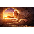 Empty Stone Tomb Backdrop Sunrise Sunset Jesus Christ Crucifixion Resurrection Cave Photography Background Holy Lights Three Crosses God Bless Jesus Christian Easter Christian Backdrop 5x3ft - color: Sunset Golden, size: 5x3ft
