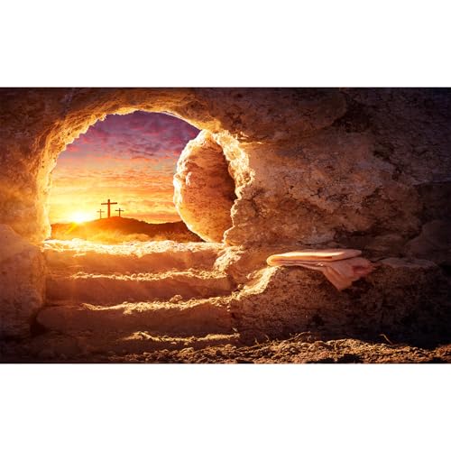 Empty Stone Tomb Backdrop Sunrise Sunset Jesus Christ Crucifixion Resurrection Cave Photography Background Holy Lights Three Crosses God Bless Jesus Christian Easter Christian Backdrop 5x3ft - color: Sunset Golden, size: 5x3ft