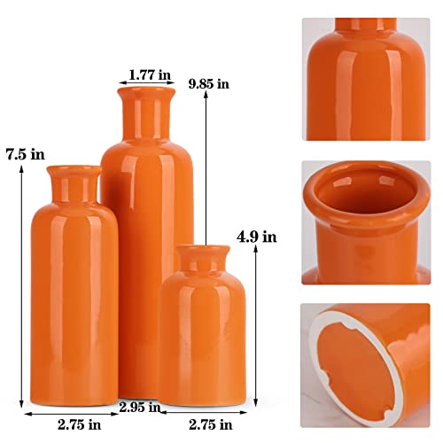 Ceramic Vase Set - 3 Orange Small Vases, Farmhouse Country Flower Vase Home Decor, Living Room Decoration, Table Decoration, Fireplace Decor, and Entrance Decorations Centerpieces - color: Orange