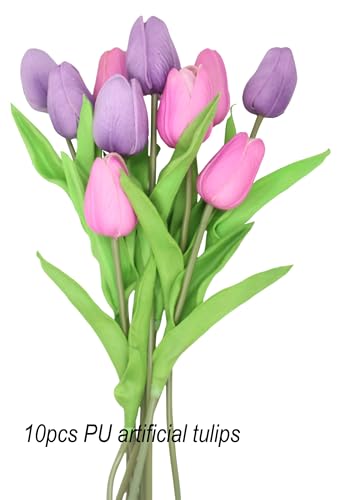 Artificial Flowers 10 Heads Mini Real Touch Artificial Tulip for Home Wedding Party Centerpiece Decoration (Mixed Purple) - color: Mixed Purple