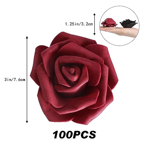 100pcs Burgundy Artificial Rose Flower Heads, 3inch Black Foam Roses Bulk Stemless Fake Flower Heads for DIY Crafts,Cake Decoration Wedding,Baby Shower Flower Centerpieces(Black,Burgundy) - color: Black&burgundy
