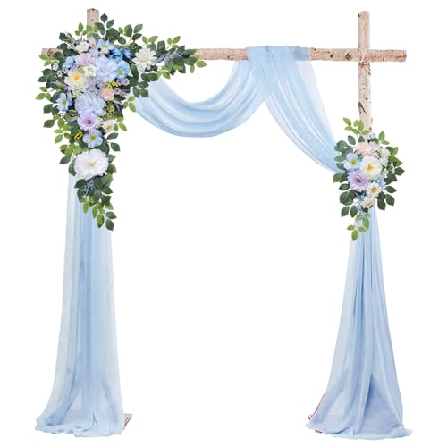 Odouzy Wedding Arch Flowers Kit,Artificial Flower Arch Decor (Set of 3),2pcs Artificial Flower Arrangement with 1pc Sheer Drape for Wedding Decor Reception Backdrop Floral Decorations (Sky Blue) - color: Sky Blue