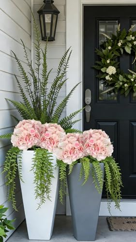 Hollyone Light Pink Hydrangea Artificial Flowers 6pcs Large Real Touch Faux Hydrangeas Silk Flowers Bouquets Fake Flower with Stems for Home Decor Indoor Wedding Kitchen Centerpiece Table Decorations - color: Pink & White