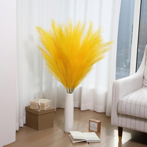 Wertuirk Yellow Pampas Grass, 8 Pcs 45 Inch Tall Large Faux Pompous Grass, Long Artificial Flowers for Floor Vases, Wedding Centerpieces, Baby Shower and Home Decoration (Yellow) - color: Yellow