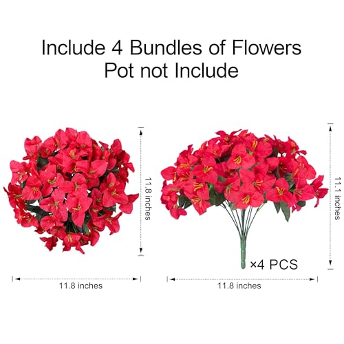 Faux Bougainvillea Artificial Flowers for Outdoors Summer Outside Decor, 4 Bundles Red Fake Bougainvillea Silk Outdoor Flowers Plants UV Resistant Look Real for Porch Patio Window Planter Garden Home - color: Red
