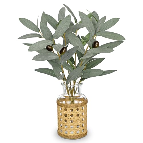 Hollyone Artificial Olive Branch in Woven Glass Vase with Faux Water 11.8" Fake Plants Olive Leaves Stems for Indoor Shelf Desk Home Bathroom Wedding Table Centerpiece Decor - color: Green #2