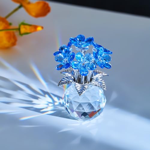 Blue Crystal Flower Glass Gifts for Sister Girlfriend Women Girl Wife,Crystal Flowers Bouquet Collectible for Wedding Anniversary Mom from Daughter Son (Blue Flower 02) - color: Blue