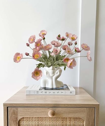 Set of 6 Poppies Flowers Artificial Silk Flowers with Long Stems Faux Wildflowers Bouquet for Vases Oil Pastel Style for Wedding Party Indoor Home Office Decor (Opal Pink) - color: Opal Pink