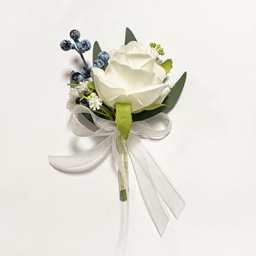 Corsage and Boutonniere Set, Handmade Artificial Peony Rose Wrist Corsage Wristlet and Groom Boutonniere for Men Wedding Prom Suit Decorations (White Rose Blue Berry) - color: White Rose Blue Berry