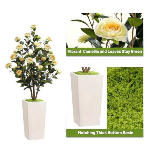Romantic Season 4FT Artificial Camellia Tree with White Tall Planter, Yellow Faux Camellia Plant Flower Tree for Modern Home Office Living Room Floor Décor Outdoor Indoor，Yellow - color: Yellow