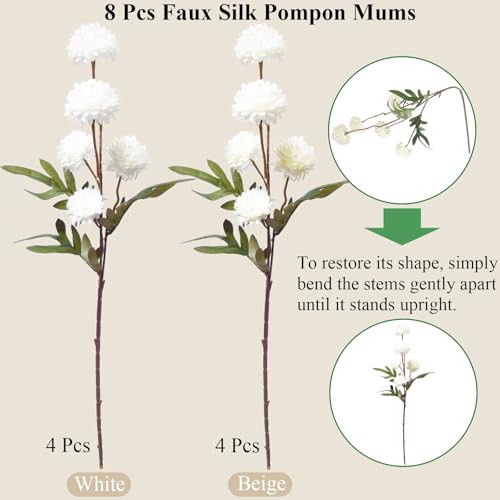 Kinisty 8 Pcs Artificial Flowers White Beige Faux Silk Pompon Mums, 20" Long Stem Fake Chrysanthemum Bouquet for Vase Farmhouse Home Decor, Wedding Centerpiece - color: Beige and White