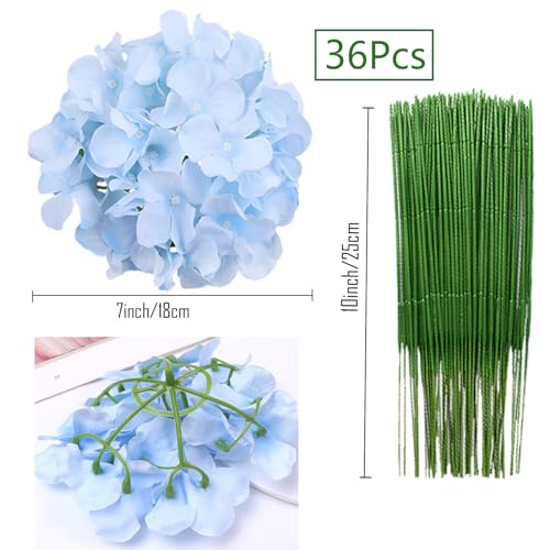 FagusHome Silk Hydrangea Heads 36 Pcs Artificial Flowers Heads and 3 Dozens Stems Fake Hydrangea Flowers with Stems for Home Wedding Decor (Light Blue) - color: Light Blue