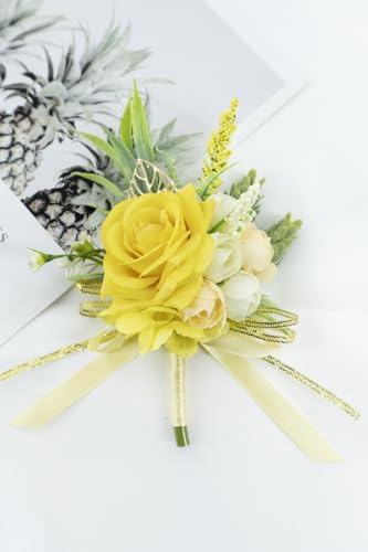 2 Pcs Wrist Corsage and Boutonniere Set, Yellow Corsage for Wedding, Boutonniere for Men Artificial Rose Flower Wristlet Bracelet Prom Ceremony Anniversary Accessories Decor Suit - color: Yellow