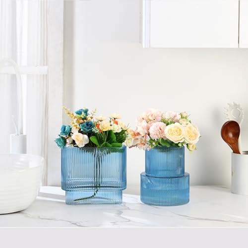 Blue Glass Vases, Set of 2 Ribbed Vases for Flowers, Blue Vase for Tulips, Modern Glass Vase for Living Room, Dining Table, Office, Entryway, Mantle, Bookshelf, Wedding Gifts - color: Blue, size: Ribbed + Oval (2-Pack)