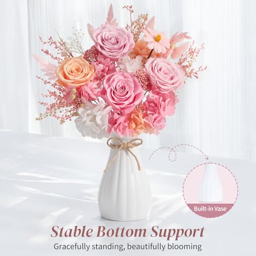 Lewondr Flower for Delivery, Preserved Flowers Bouquet, Mixed Rose Bouquet with Gift Box, Real Long-Lasting Forever Birthday Flowers Gifts for Wife Girlfriend Mother's Day Anniversary Proposal, Pink - color: Peach Pink