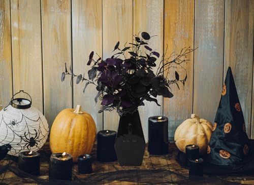 7pcs 18" Faux Halloween Floral Picks Tabel Centerpieces Decoration, Artificial Gothic Black Purple Eucalyptus Leaves Flowers Stems Picks Bouquet Decor (BLK-Purple)