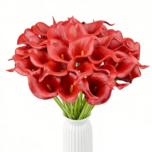 Calla Lily Bridal Wedding Festival Decor Bouquet Real Touch Latex Flower Bouquet Pack of 20 (red) - color: Red