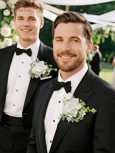 Serwalin 2 Pcs Boutonniere, 6-7 Inch Ivory White Corsage for Wedding, Boutonniere for Men Groom and Best Man Prom Ceremony Anniversary Party Suit - color: Ivory White, size: Boutonniere-2pcs