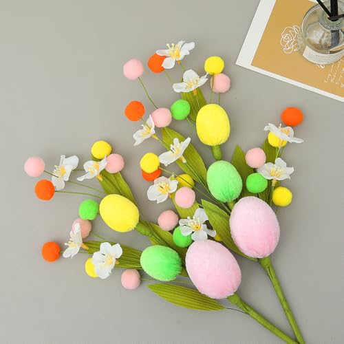 4PCS Artificial Easter Flowers, Easter Party Colorful Velvet Egg and Berries Picks Decorations, Spring Flower with Stems Egg Branches for Party Vase Centerpiece Decor (White Flower) - color: White Flower