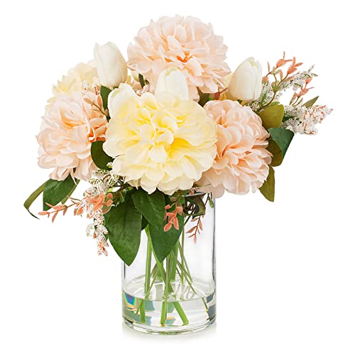 ENOVA FLORAL Artificial Tulips Flowers in Vase, Artificial Flowers Tulips Real Touch and Dahlia Silk Flower in Vase for Dining Table Decoration Wedding, Home Decor Indoor (Cream Pink) - color: T& D Cream Pink