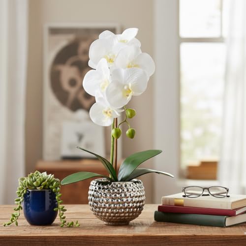 Fake Flowers with Vase, Large Orchids Artificial Flowers in Silver Pot Fake Orchid Fake Plant in Pots Artificial Flowers for Home Decor Indoor Table Centerpiece Bathroom Decoration - color: Silver&white