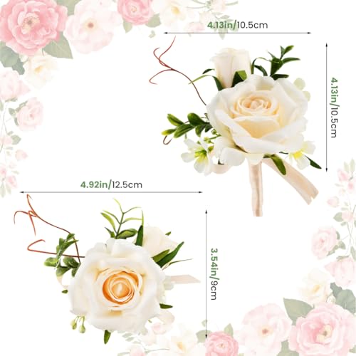 Artificial Rose Corsage & Wrist Corsage Set, Rose Wrist Flower Wristlet Bracelet Groom Best Man Boutonniere, for Prom Suit Decorations Wedding Party Flower Accessories(Color:Beige) - color: Beige