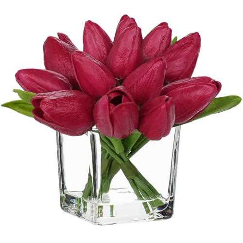 DILATATA Artificial Hot Pink Tulips in Vase with Faux Water 5.5" Real Touch Flowers Fake Tulips Small Flowers Arrangement in Cube Glass Vase for Mother's Day Table Centerpiece Wedding Home Decor - color: Square Vase/Hot Pink/1 Set