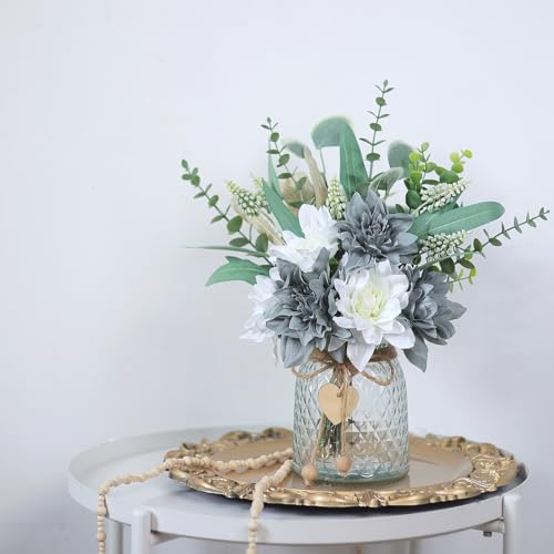Faux Flowers with Vase,Artificial Silk Flowers in Vase, Fake Plant Eucalyptus and Willow,Flower Arrangement for Home Farmhouse kitchen Dining Table Centerpiece Decorations Table Decor (Grey Blue) - color: Grey Blue