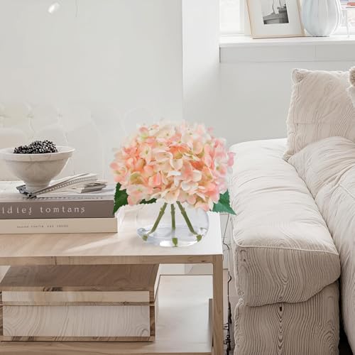 Hydrangea Artificial Flowers in Glass Vase, Powder Silk Fake Flowers Silk Centerpiece Table Decorations for Dining Room， Coffee Table Decor，Wedding, Home with Faux Water Decor（Pink） - color: Pink