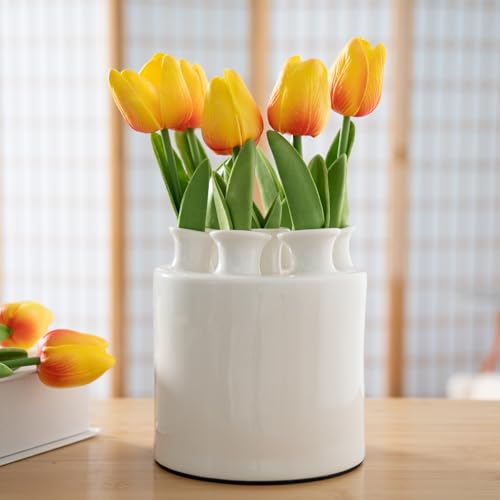 MOUGIGI Large Ceramic Vase Modern Cylinder Design with 7 Flower Openings, Perfect Centerpiece for Tulips、Hydrangeas、Roses and Wildflowers - Ideal Home Decor Gift for Birthdays Mothers Day - color: Tulip Vase