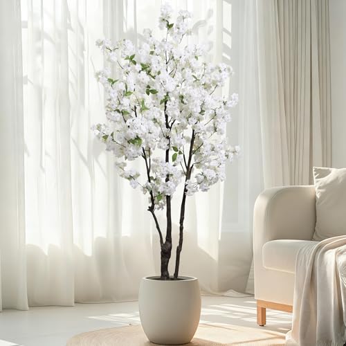 Artificial White Cherry Blossom Tree 6ft(72in) Faux Floor Green Plant for Indoor Decor Natural Potted Tree Realistic Cherry Flowers Wood Trunk for Home Living Room,Office Perfect Housewarming Gift - color: Cherry Blossom(white 10), size: 6ft