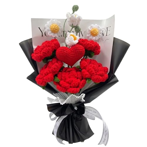 Completed Red Heart Crochet Flowers Bouquet, Handmade Knitted Bouquet for Valentine, Couple, Crochet Artificial Flowers of Rose as Gift for Mother, Friends, Daughter, Home Decor (Red Rose) - style: Red Rose with Heart