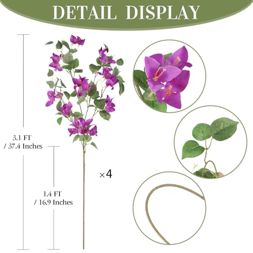 4PCS Bougainvillea Artificial 37.4" Long Stem Faux Bougainvillea Fake Silk Flowers for Floral Arrangements Home Wedding Dining Table Party Garden Decor(Light Purple) - color: Light Purple