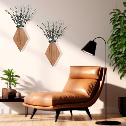 Chunful 2 Pcs Wooden Wall Planter Decor Hanging Fake Plants Greenery Flowers Holder Vase Boxes for Wall Bohemian Farmhouse Room Kitchen Office Indoor Decoration (Wooden Color,9.8 x 6.6 x 1.2 Inches) - color: Wooden Color, size: 9.8 x 6.6 x 1.2 inches