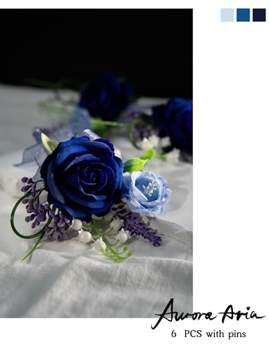 AuroraAria Navy Blue Boutonniere for Men,Set of 6,Groom Boutonniere for Wedding,Anniversary,Homecoming,Formal Dinner Party,Wedding Decor,Artificial Navy Blue Rose - color: Navy Blue