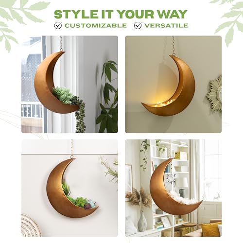 Gold Hanging Moon Planter – with Drain Holes - Moon Room Decor - Unique Planters for Succulents,Air Plant, Cactus, Artificial Plants- Plant Lover Gifts - Boho,Hippie, Birthdays,Witchy Gifts for Women - color: Gold Moon With Drain Holes
