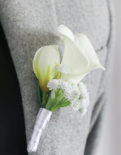Artificial Calla Lily Wedding Boutonniere Groom and Groomsmen Buttonholes Flower with Pins Prom Party Suit Decoration Anniversary Accessories for Man (White -A,8) - color: White -a