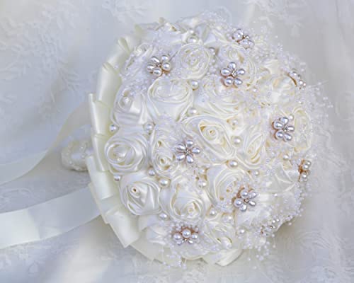 Ivory Bridal Wedding Bouquet Handmade with Rhinestone Pearl Ribbon Satin Rose Flower Bouquet for Bride Bridesmaid Quinceanera Bouquet Wedding Ivory 8.7in - color: Ivory (Standard Size: Dia.8.7")