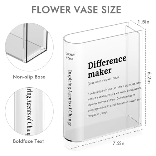 BuyCard Clear Acrylic Book Vase for Flowers, Transparent Flower Vase for Home Decor, Simplicity Bookshelf Decor, Unique Stuff for Book Lovers, Difference Maker, Gift to Motivate(Clear) - color: Clear