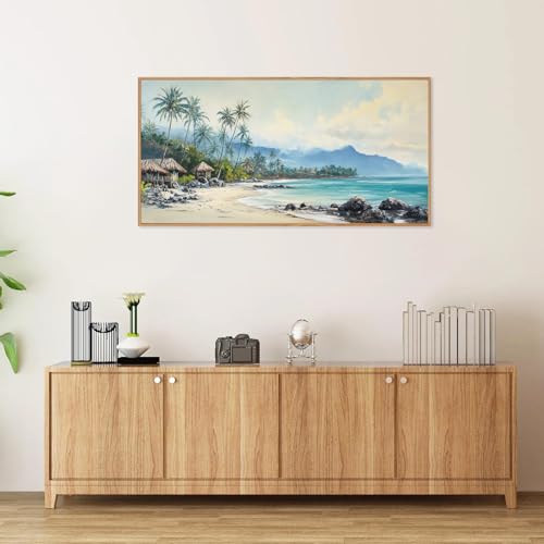 Rantodecor Tropical Coastal Framed Canvas Wall Art, Beach Landscape Posters Wall Decor, Island Palm Trees Beach House Art Paintings, Seascape Mountains Artwork for Bedroom Living Room Office 40"x20" - color: Tropical Coastal, size: 40"L x 20"W