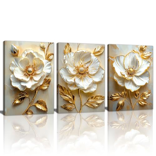 WENGTIAO Modern White Floral Golden Leaves Canvas Wall Art Set, Neutral 3d Flowers Wall Painting Pictures Boho Beige Blossom Wall Decor Posters Print Artwork for Bedroom Living Room Office 12x16x3Pcs - color: Flower-golden leaf, size: 12"x16"x3Pcs