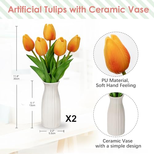 Briful 2 Packs Faux Flowers Artificial Tulips with Ceramic Vase, Poly Foam Orange Tulips Real Touch Flower Arrangement for Home Kitchen Wedding Centerpiece Decoration - color: Orange