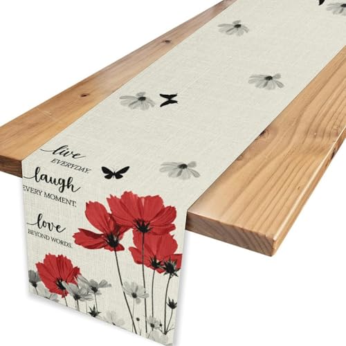 Red Daisy Table Runner, Boho Farmhouse Spring Summer Floral Flower Butterfly Country Coffee Table Center Decor for Family Kitchen Holiday Party Table Decorations, 13"x36" - color: Daisy-9, size: 13“ X 36"